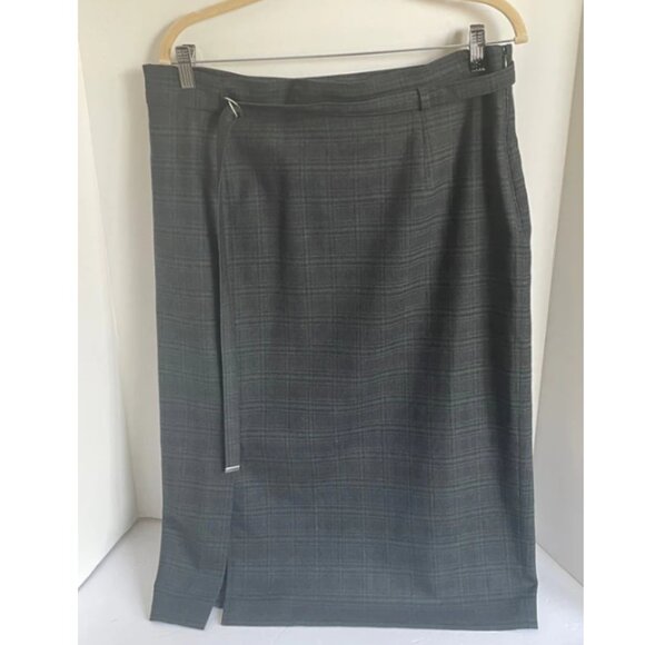 Max Mara Midi Skirt Large Green Plaid Wool Blend Straight Belted Lined Large - Picture 2 of 10